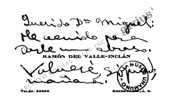 Tarjeta personal manuscrita a Miguel de Unamuno