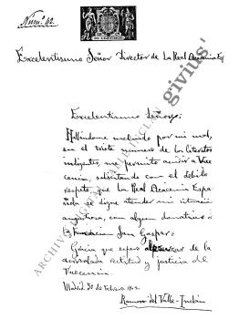 Carta-solicitud de pensión a la Fundación San Gaspar, de la R.A.E.